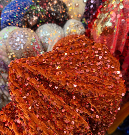 Burnt Orange Velvet Sequin Fabric / Metre