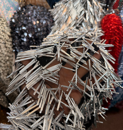 Silver Bugle Bead Mesh Fabric / Metre