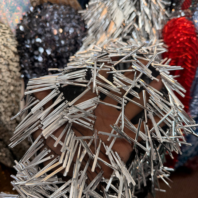Silver Bugle Bead Mesh Fabric / Metre