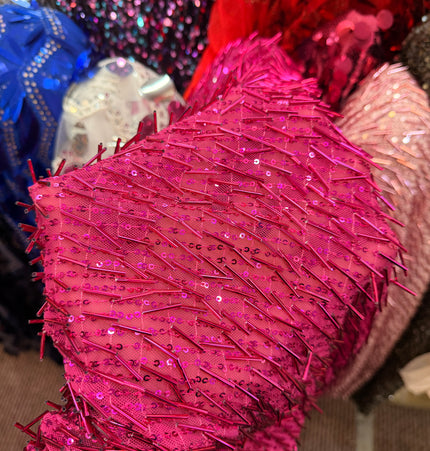 FUCHSIA PINK BUGLE BEAD STRETCH MESH FABRIC / Metre