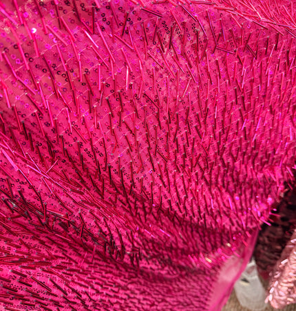 FUCHSIA PINK BUGLE BEAD STRETCH MESH FABRIC / Metre