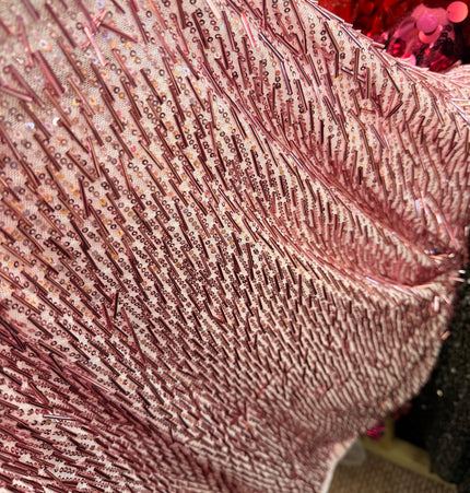 Light Pink Bugle Bead Stretch Mesh Fabric / Metre
