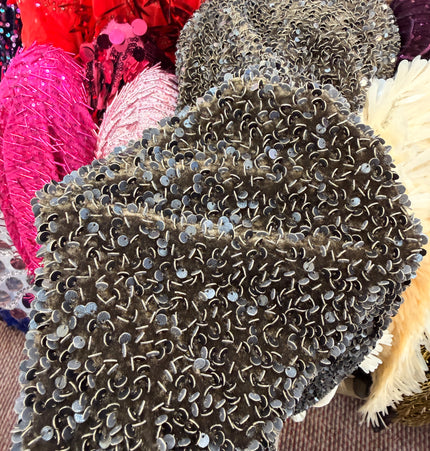 Dark Coffee Brown Sequin Stretch Velvet Fabric / Metre