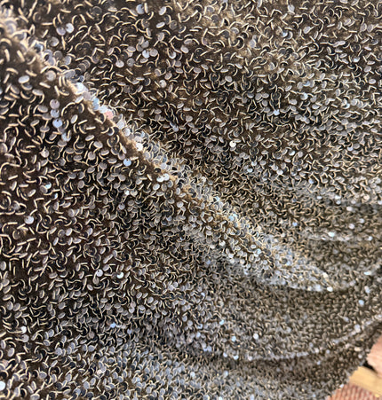 Dark Coffee Brown Sequin Stretch Velvet Fabric / Metre