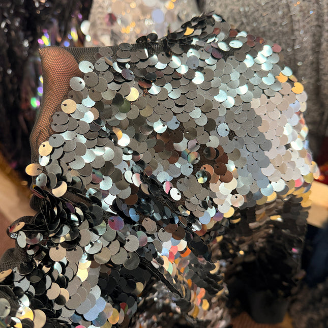 Black Mesh Stripe Sequin Fabric / Metre