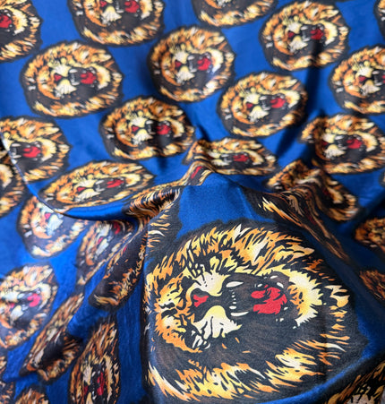 Authentic Isiagu Lion Head Stretch Velvet Fabric Blue / Metre