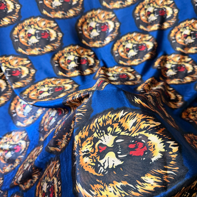 Authentic Isiagu Lion Head Stretch Velvet Fabric Blue / Metre