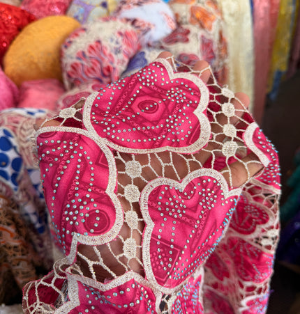 African Ankara Print Lace Pink & Beige / Metre