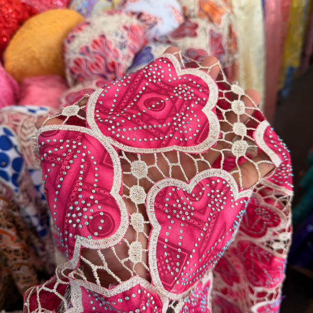 African Ankara Print Lace Pink & Beige / Metre