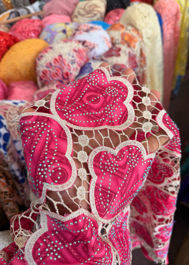 African Ankara Print Lace Pink & Beige / Metre