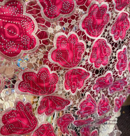 African Ankara Print Lace Pink & Beige / Metre