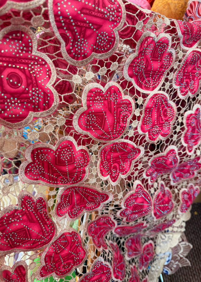 African Ankara Print Lace Pink & Beige / Metre