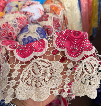 African Ankara Print Lace Pink & Beige / Metre