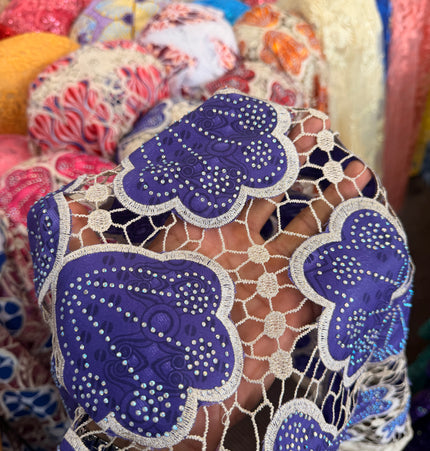 Ankara African Print Lace Purple & Beige / Metre