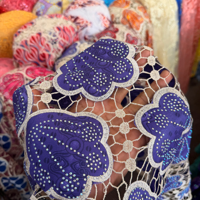Ankara African Print Lace Purple & Beige / Metre