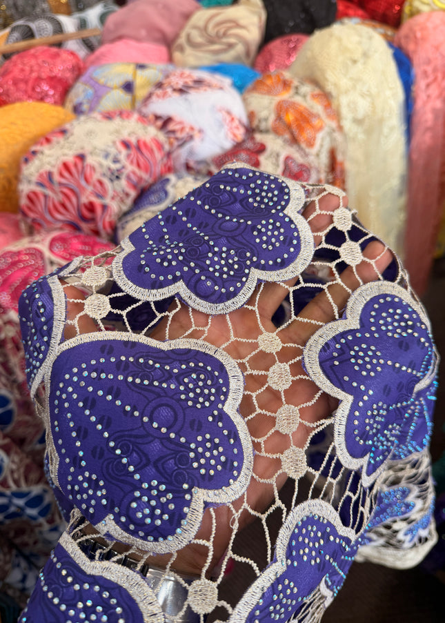 Ankara African Print Lace Purple & Beige / Metre