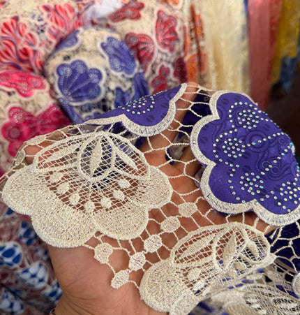 Ankara African Print Lace Purple & Beige / Metre