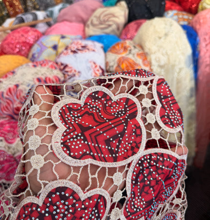 Ankara African Print Lace Red & Beige / Metre