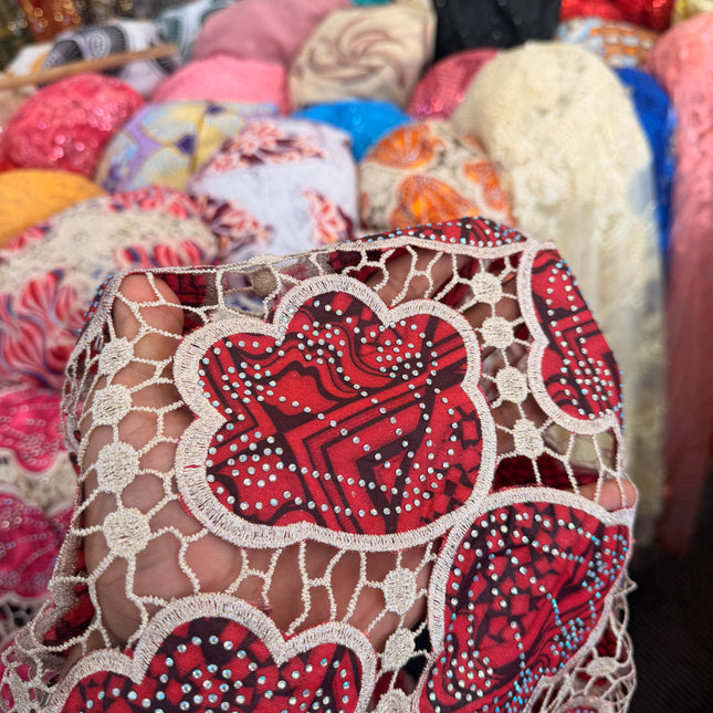 Ankara African Print Lace Red & Beige / Metre