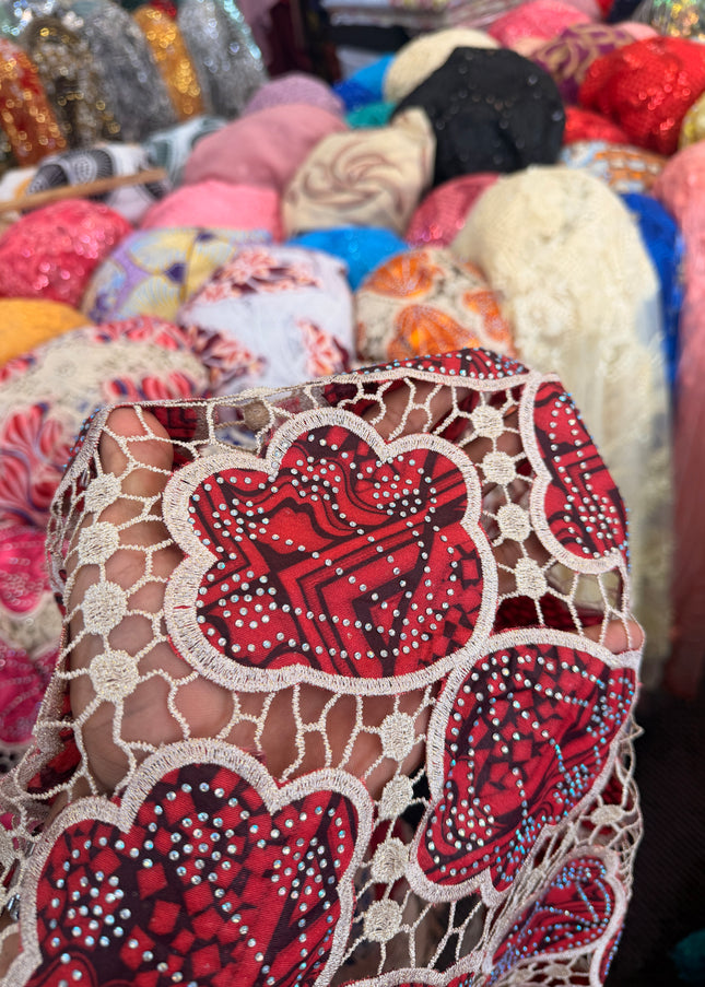 Ankara African Print Lace Red & Beige / Metre