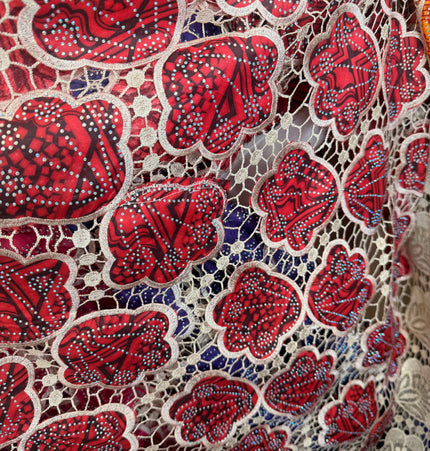 Ankara African Print Lace Red & Beige / Metre