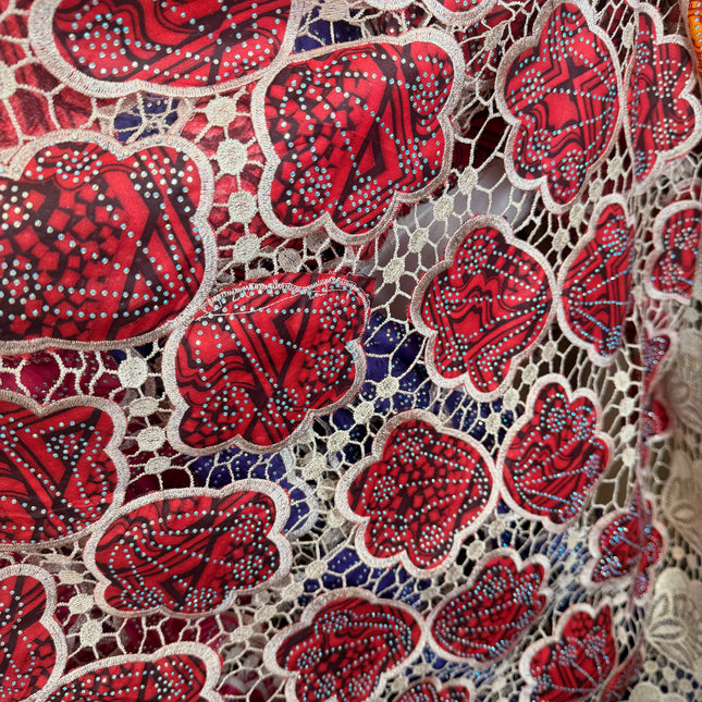 Ankara African Print Lace Red & Beige / Metre