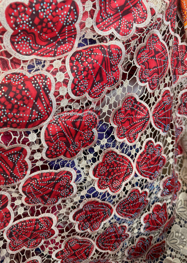 Ankara African Print Lace Red & Beige / Metre