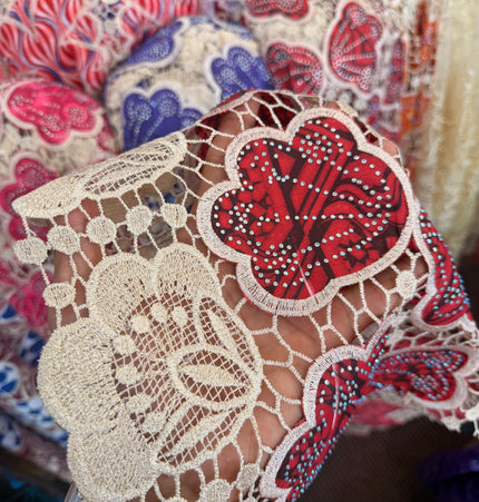 Ankara African Print Lace Red & Beige / Metre