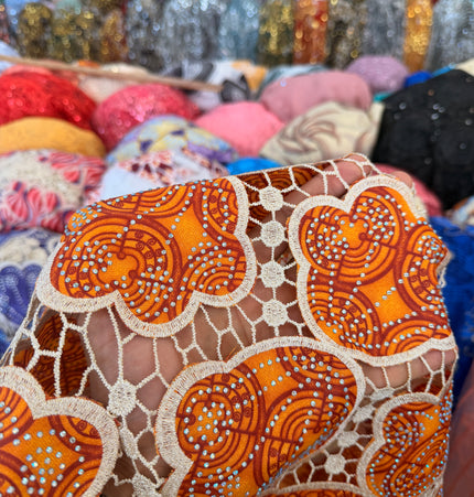 Ankara African Print Lace Orange & Beige / Metre