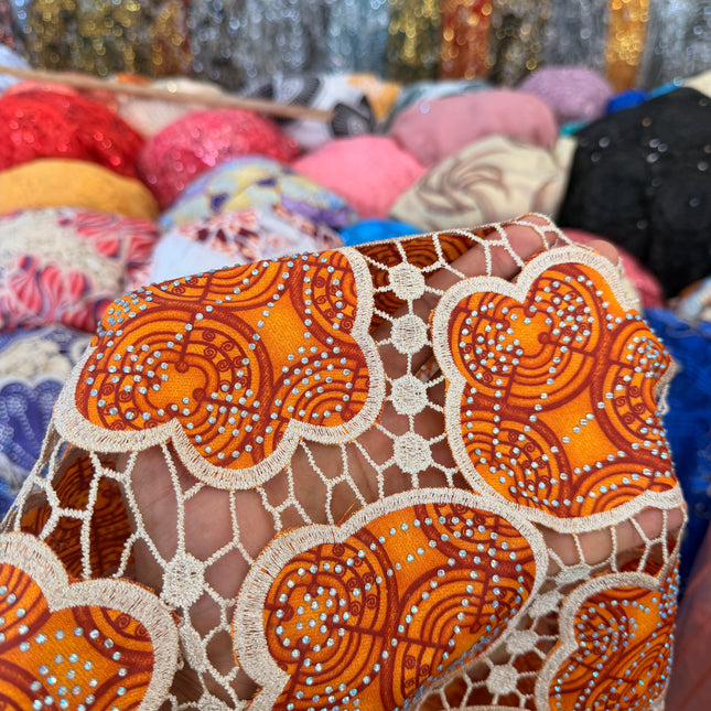 Ankara African Print Lace Orange & Beige / Metre