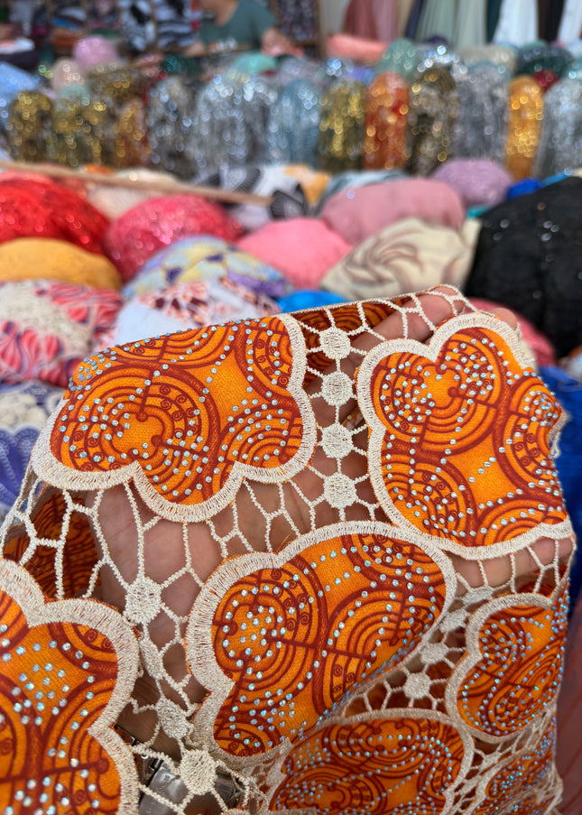 Ankara African Print Lace Orange & Beige / Metre