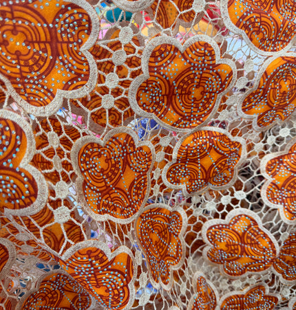 Ankara African Print Lace Orange & Beige / Metre
