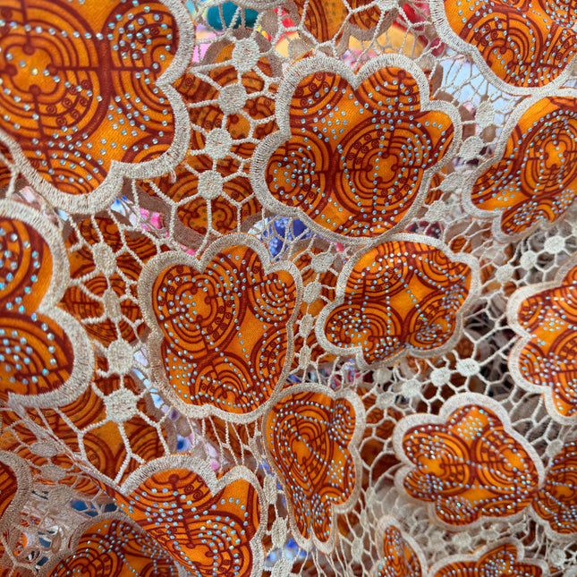 Ankara African Print Lace Orange & Beige / Metre