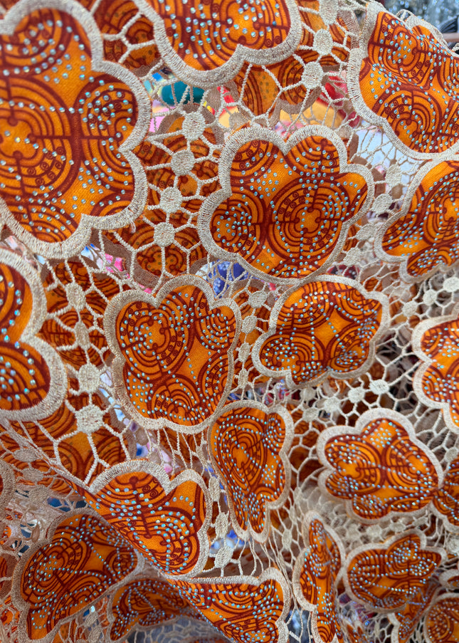 Ankara African Print Lace Orange & Beige / Metre