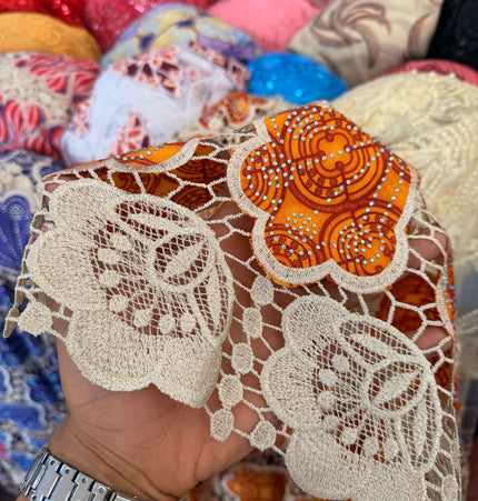 Ankara African Print Lace Orange & Beige / Metre