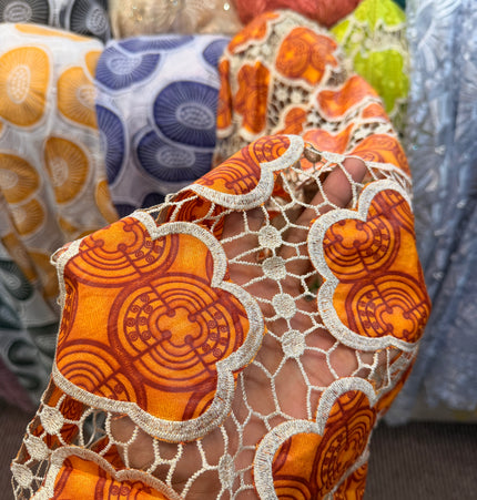 Orange & Beige Ankara Print Lace / Metre