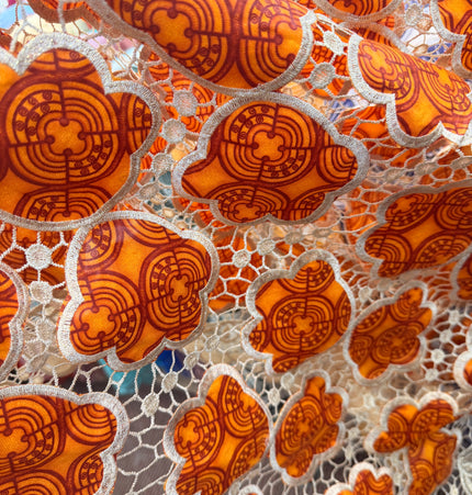 Orange & Beige Ankara Print Lace / Metre