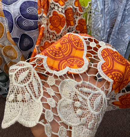 Orange & Beige Ankara Print Lace / Metre