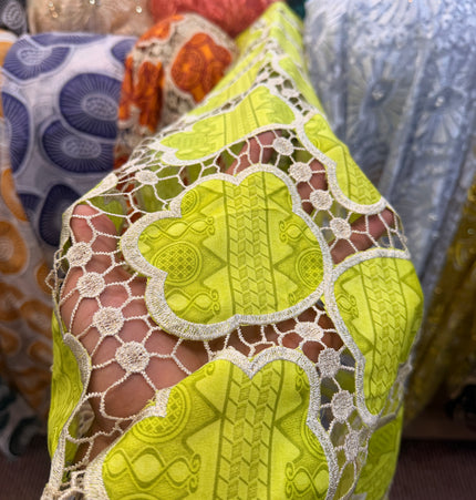 Lime Green & Beige Ankara Print Lace / Metre