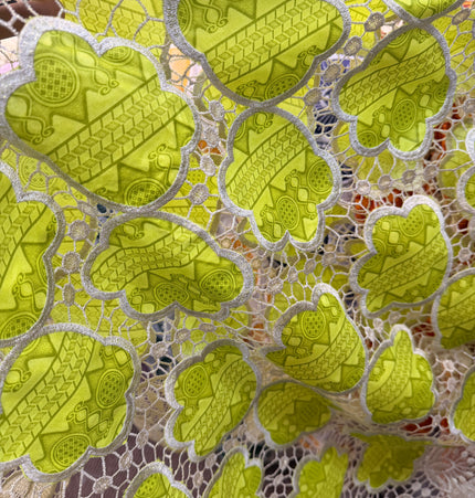 Lime Green & Beige Ankara Print Lace / Metre
