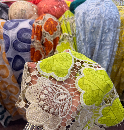 Lime Green & Beige Ankara Print Lace / Metre