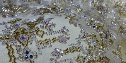 Pearl / Beaded Wedding Dress - Beige / Gold - 1 Yard