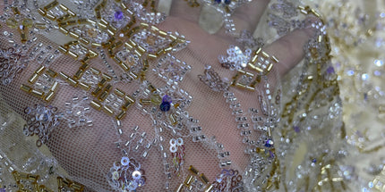 Pearl / Beaded Wedding Dress - Beige / Gold - 1 Yard