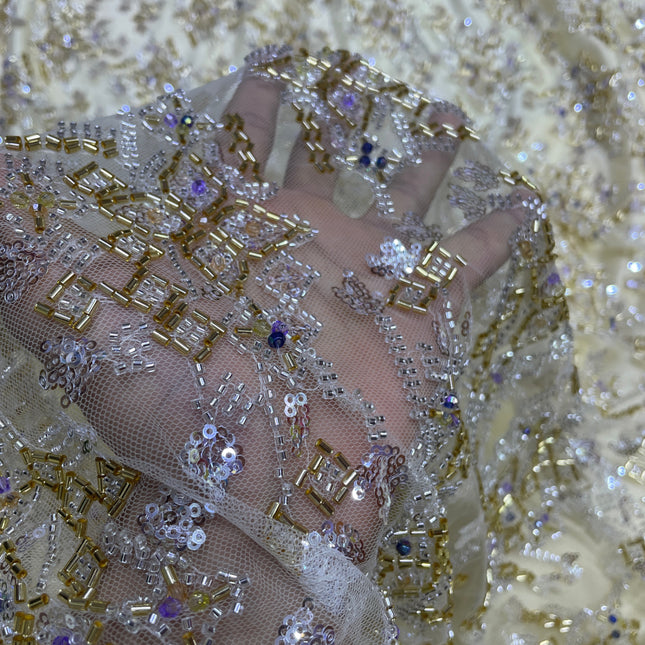 Pearl / Beaded Wedding Dress - Beige / Gold - 1 Yard