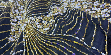 Luxurious Pearl / Beaded Lace - Black / Gold - 1 yard