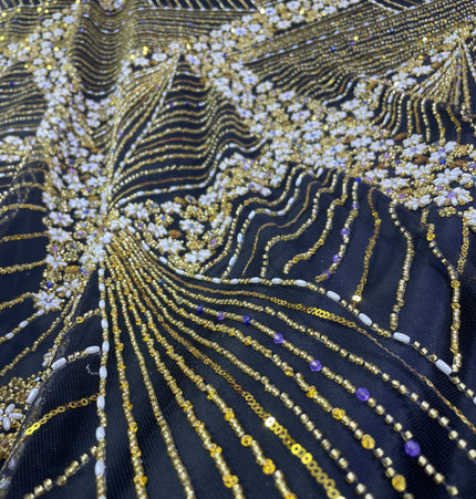 Luxurious Pearl / Beaded Lace - Black / Gold - 1 yard