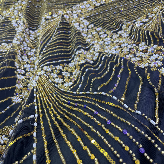 Luxurious Pearl / Beaded Lace - Black / Gold - 1 yard