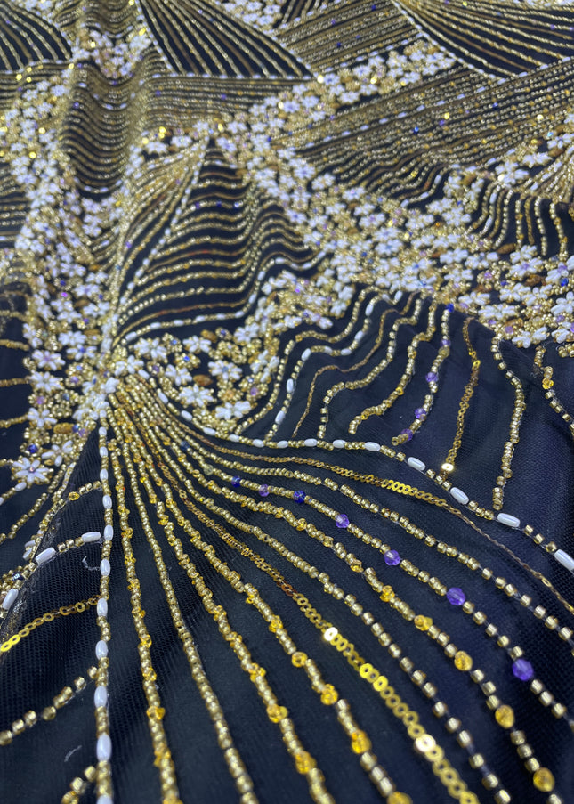 Luxurious Pearl / Beaded Lace - Black / Gold - 1 yard