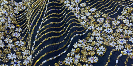 Luxurious Pearl / Beaded Lace - Black / Gold - 1 yard