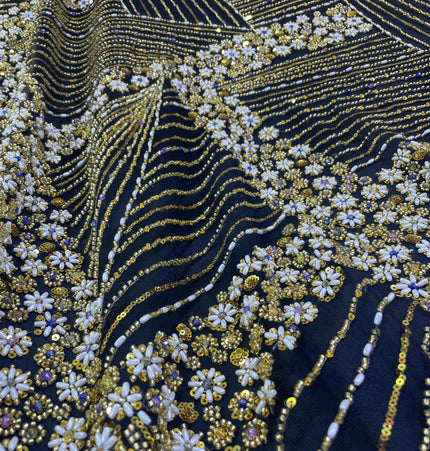 Luxurious Pearl / Beaded Lace - Black / Gold - 1 yard